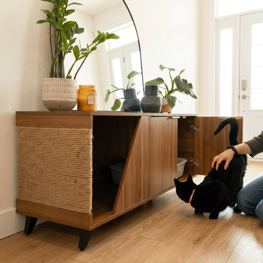 Person interacting with a black cat next to a wooden cabinet with a cat tree inside