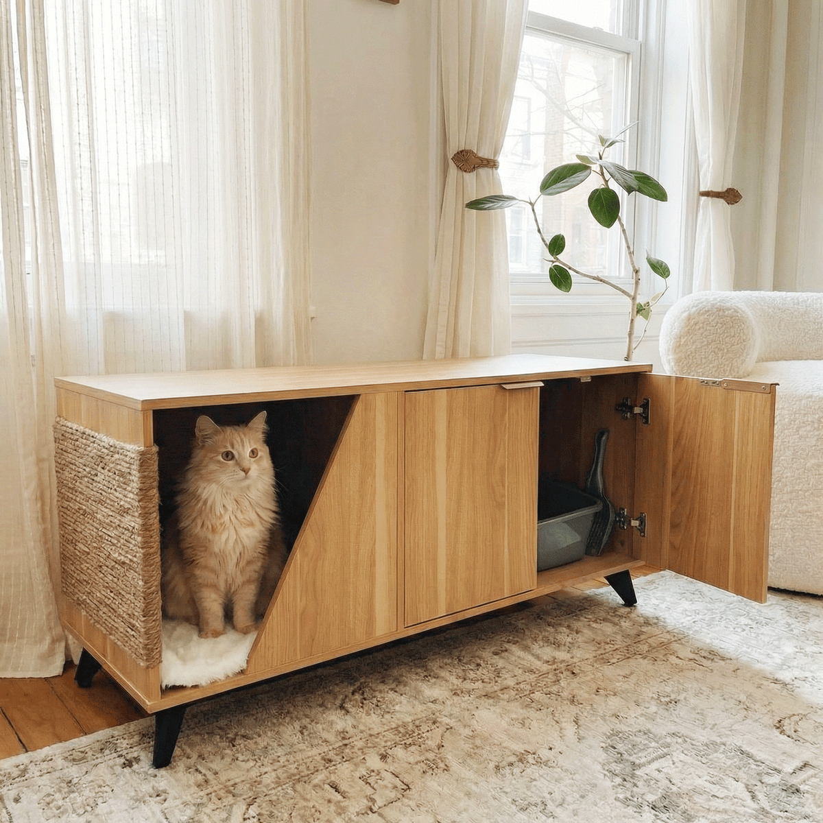 Wooden pet enclosure with a cat inside in a living room setting