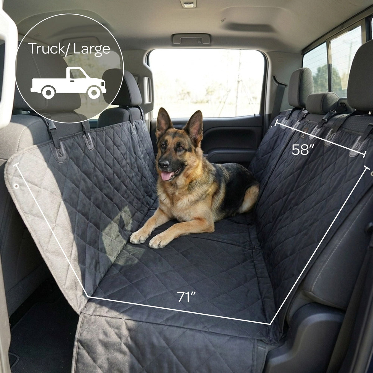 Dog sitting on a car seat cover with dimensions labeled, suitable for trucks.