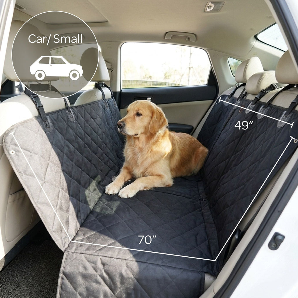 Dog sitting on a car seat cover in a vehicle with measurements indicated.