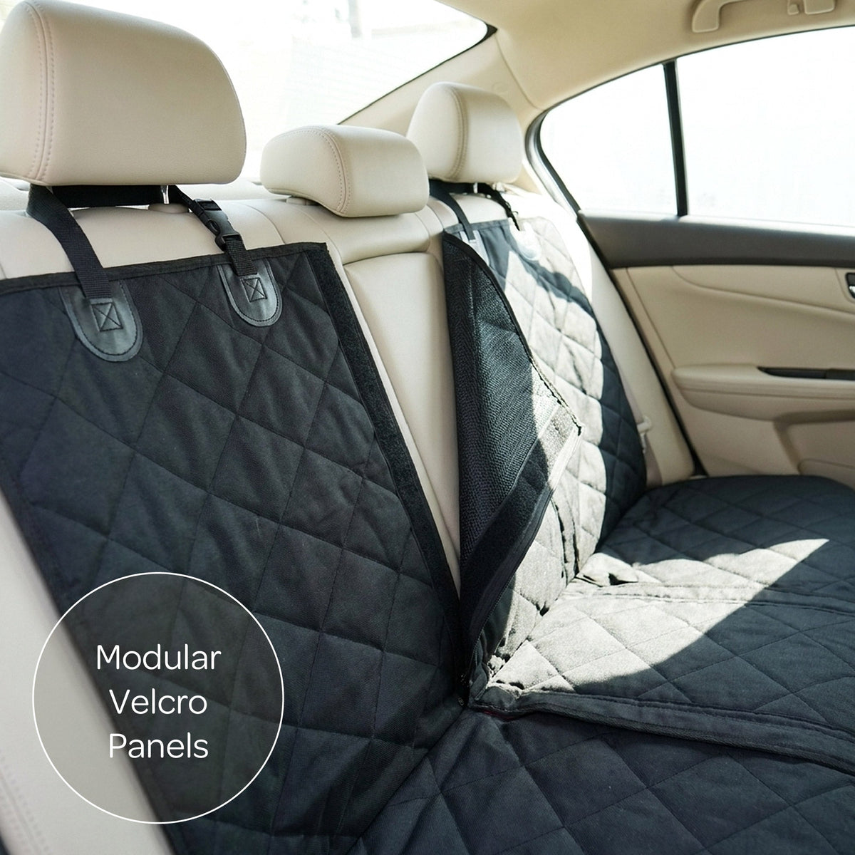 Car seat cover with modular velcro panels on a car seat