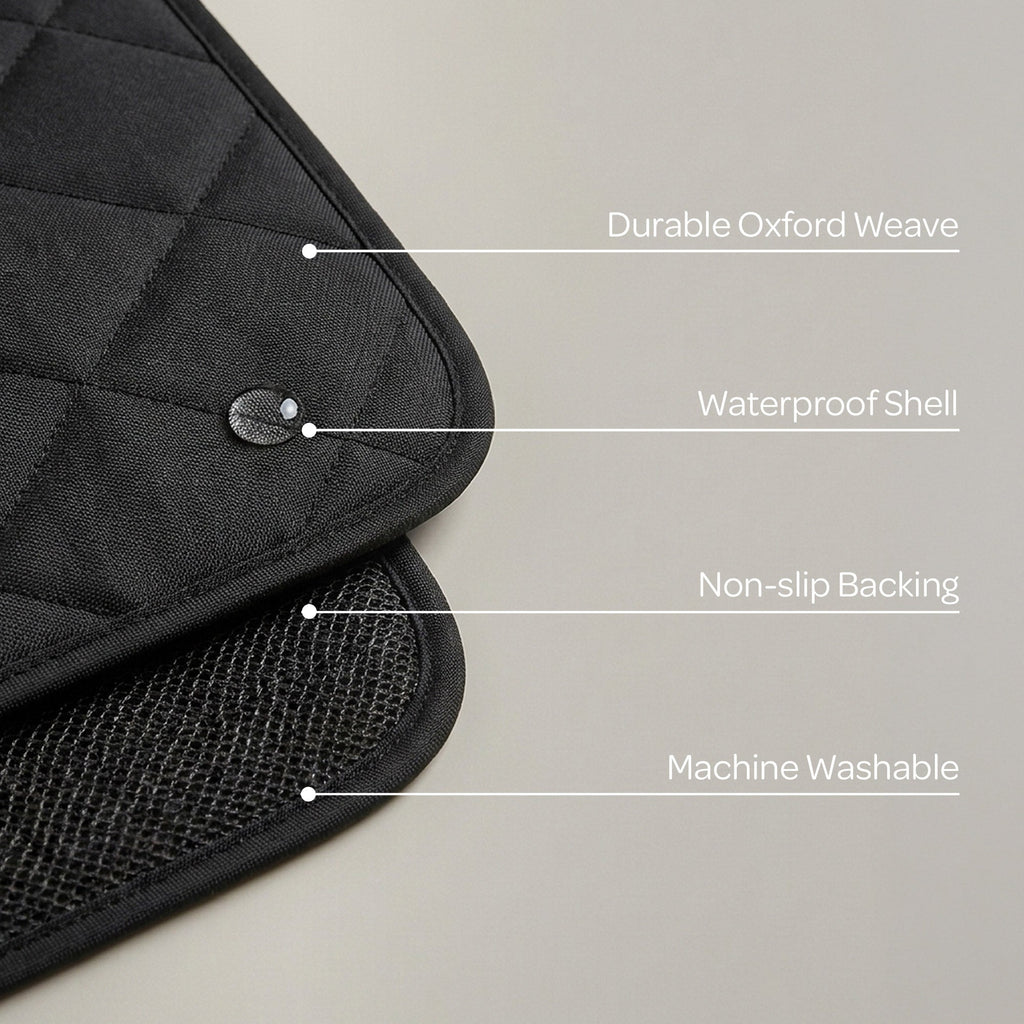Black car seat cover with text highlighting features on a light gray background