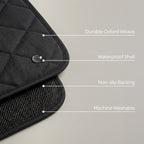 Black car seat cover with text highlighting features on a light gray background