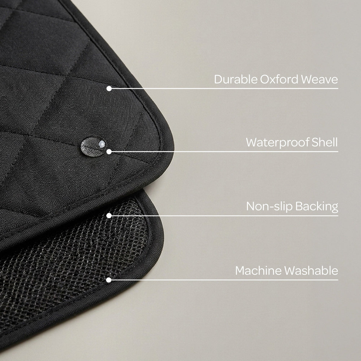 Black car seat cover with text highlighting features on a light gray background