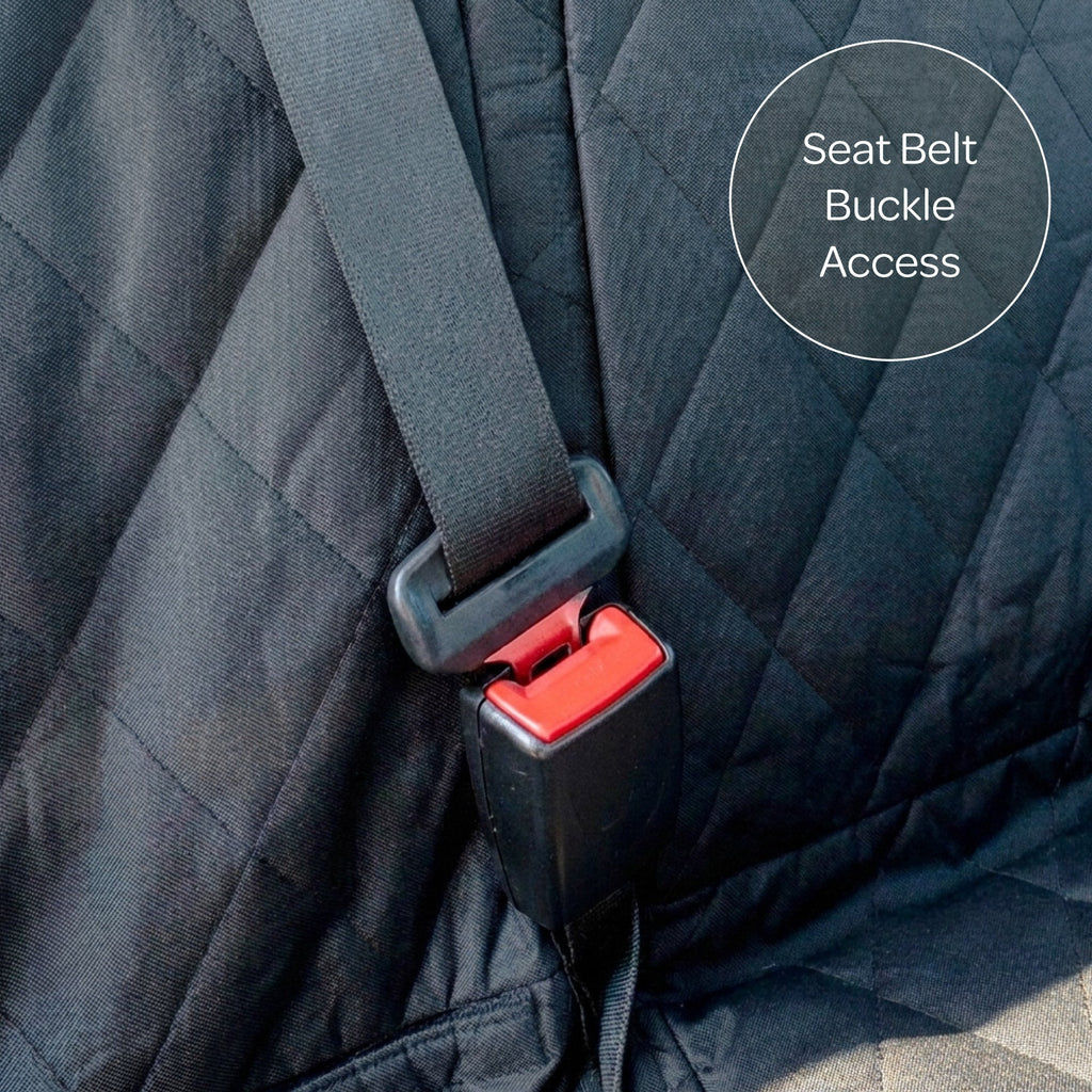 Close-up of a car seat with a red seat belt buckle on a dark quilted fabric background.