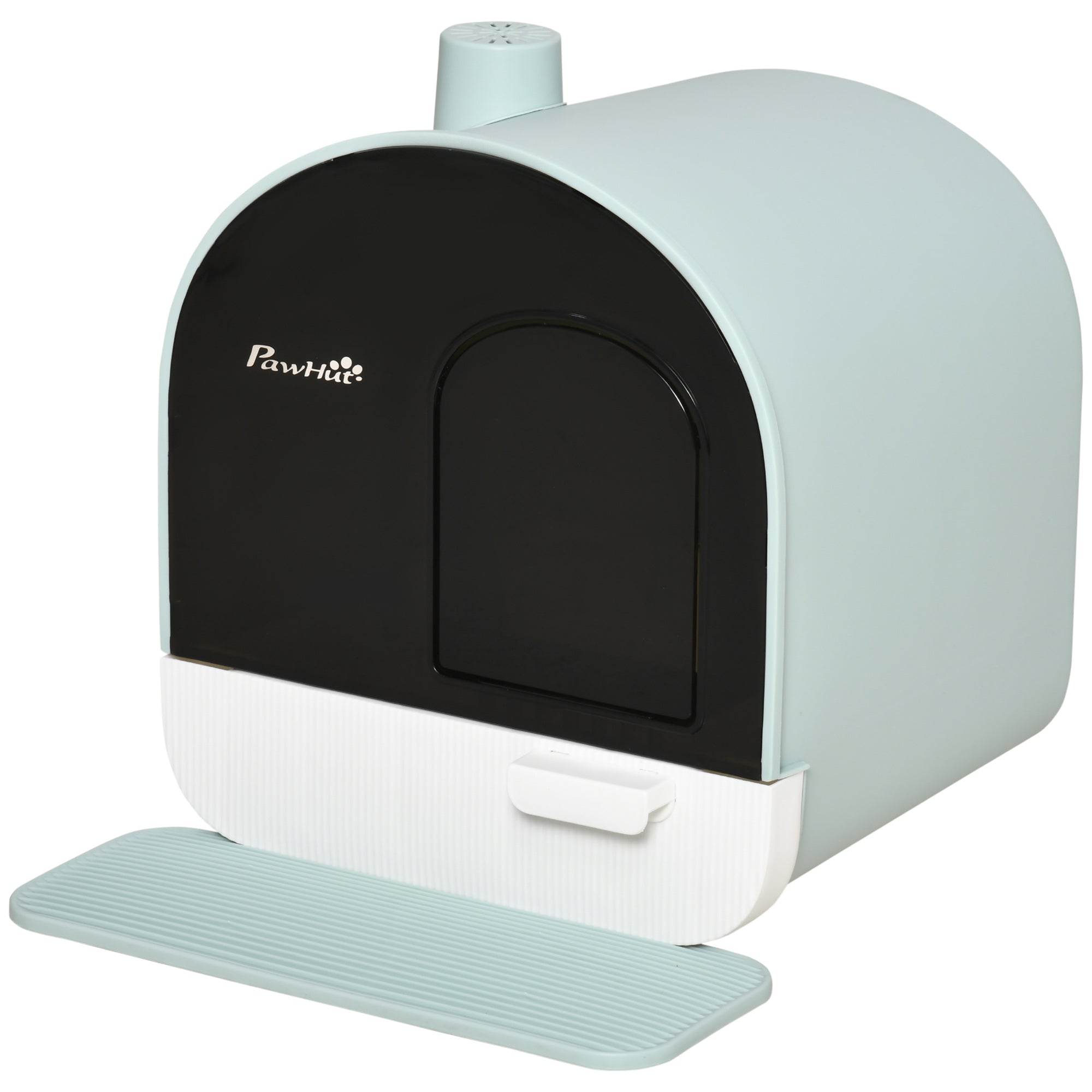 Pet litter box with black front and light green exterior on a white background