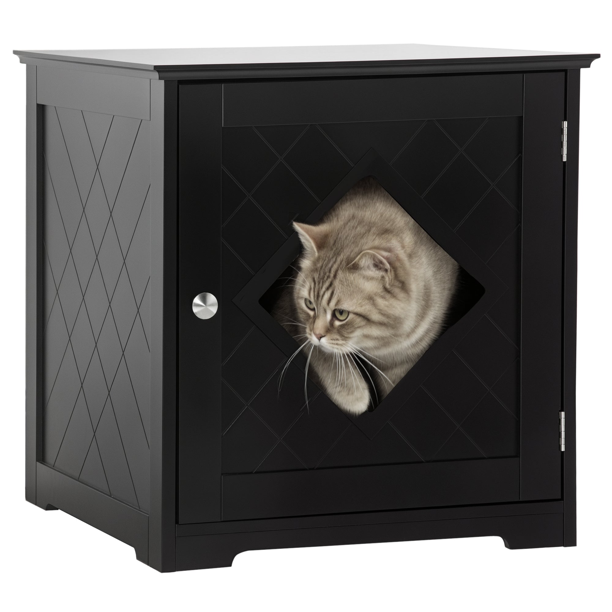Black litter box enclosure with a cat peeking out from a small window