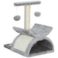 Gray cat tree with scratching post and platforms on a white background