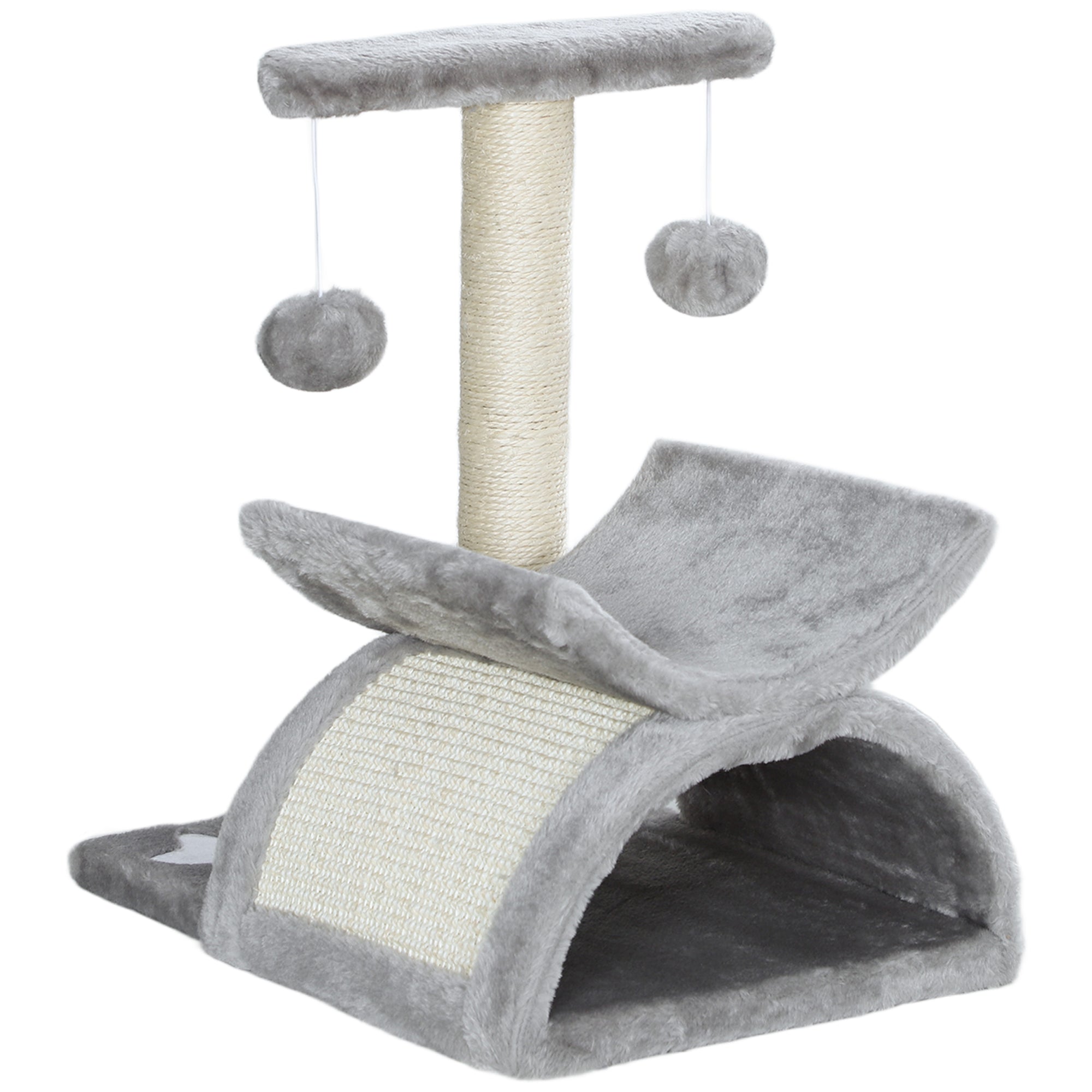 Gray cat tree with scratching post and platforms on a white background