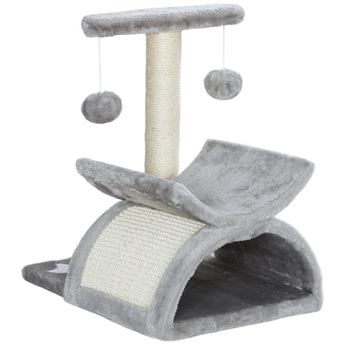Gray cat tree with scratching post and platforms on a white background