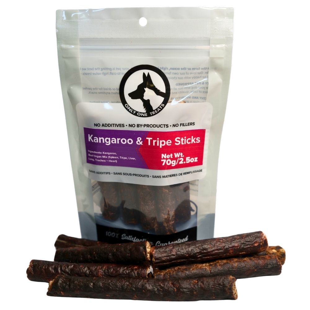 Kangaroo & Tripe Sticks with packaging on a white background