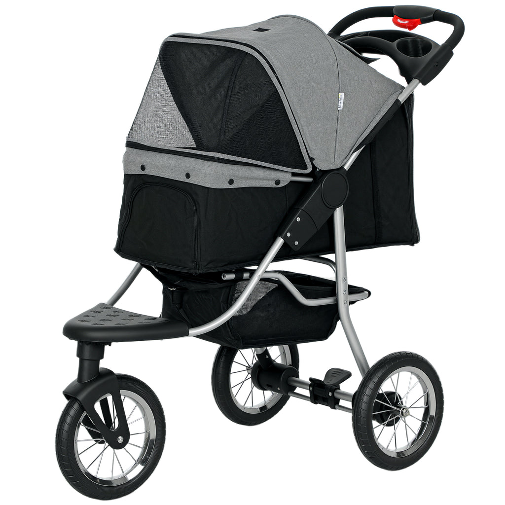 Pet stroller with gray and black canopy on a white background