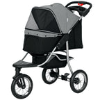 Pet stroller with gray and black canopy on a white background