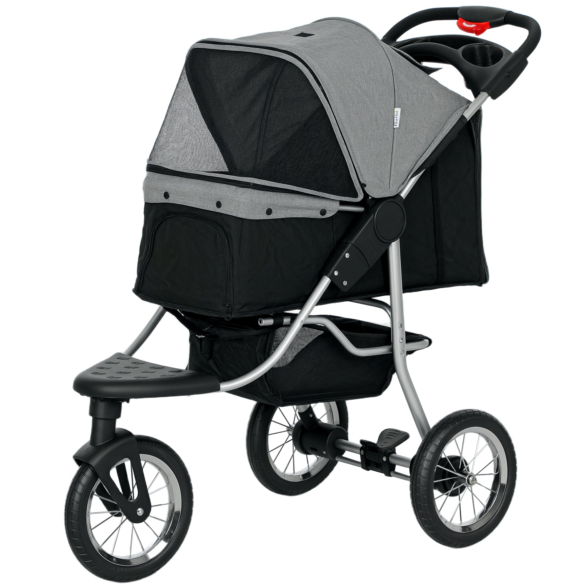 Pet stroller with gray and black canopy on a white background