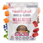 Package of healthybud Meal Bites with ingredients displayed on a green background