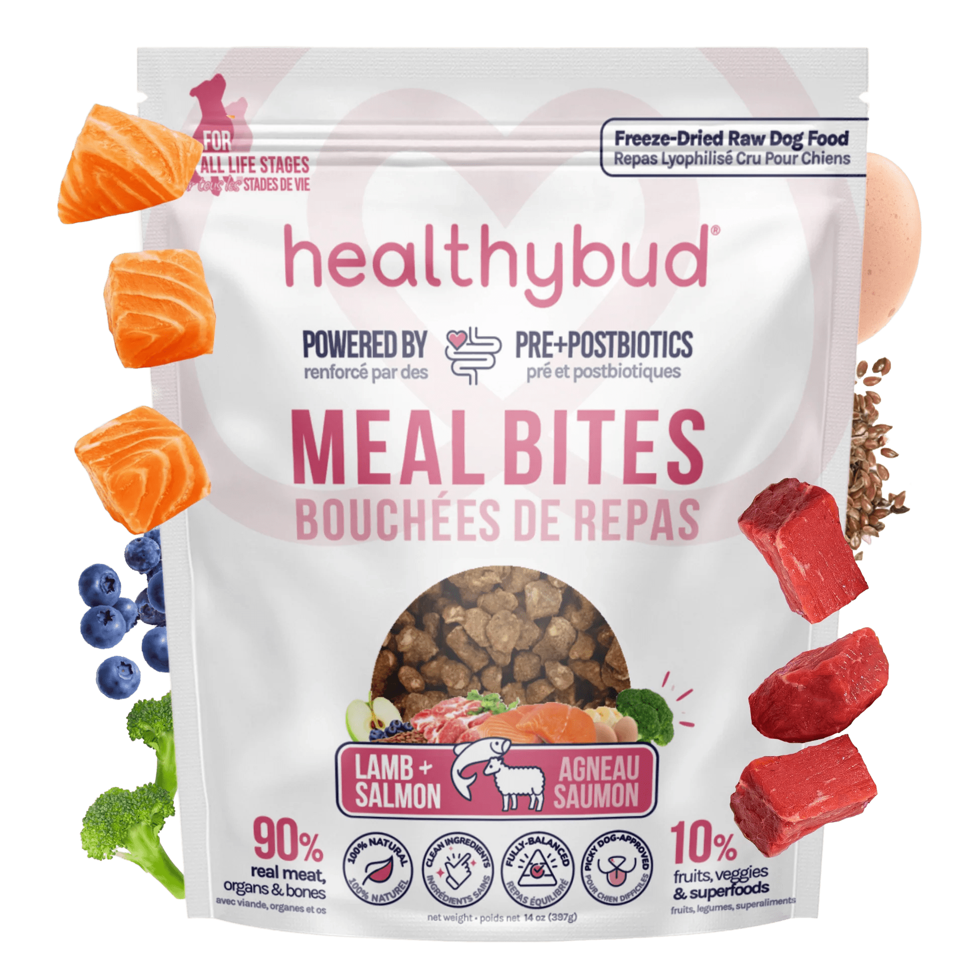 Package of healthybud Meal Bites with ingredients displayed on a green background