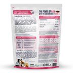 Dog food packaging with nutritional information and ingredients list on a white background