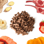 Dog food pellets surrounded by raw meat, vegetables, and fruits on a white background