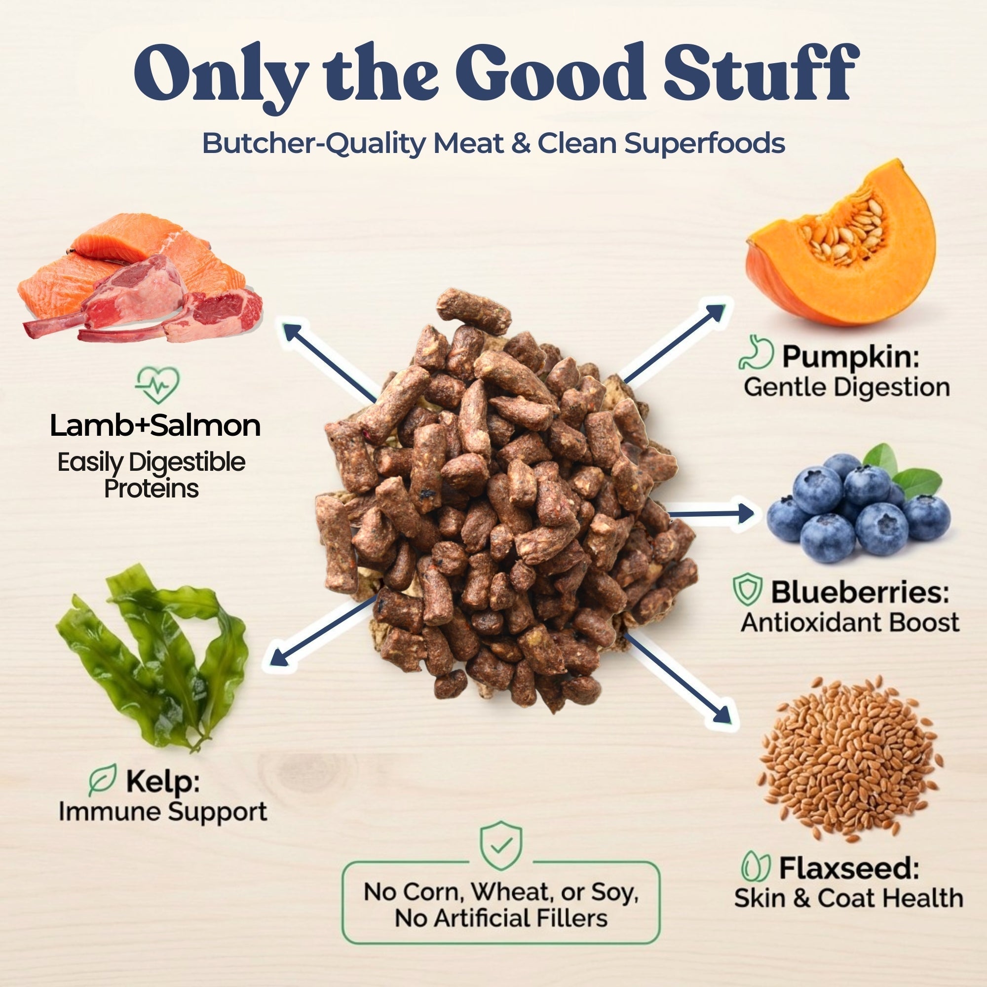 Dog food ingredients with labeled benefits on a beige background