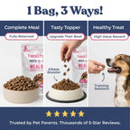 Dog food packaging with text on uses and benefits, featuring a dog and human hand interacting with the product.