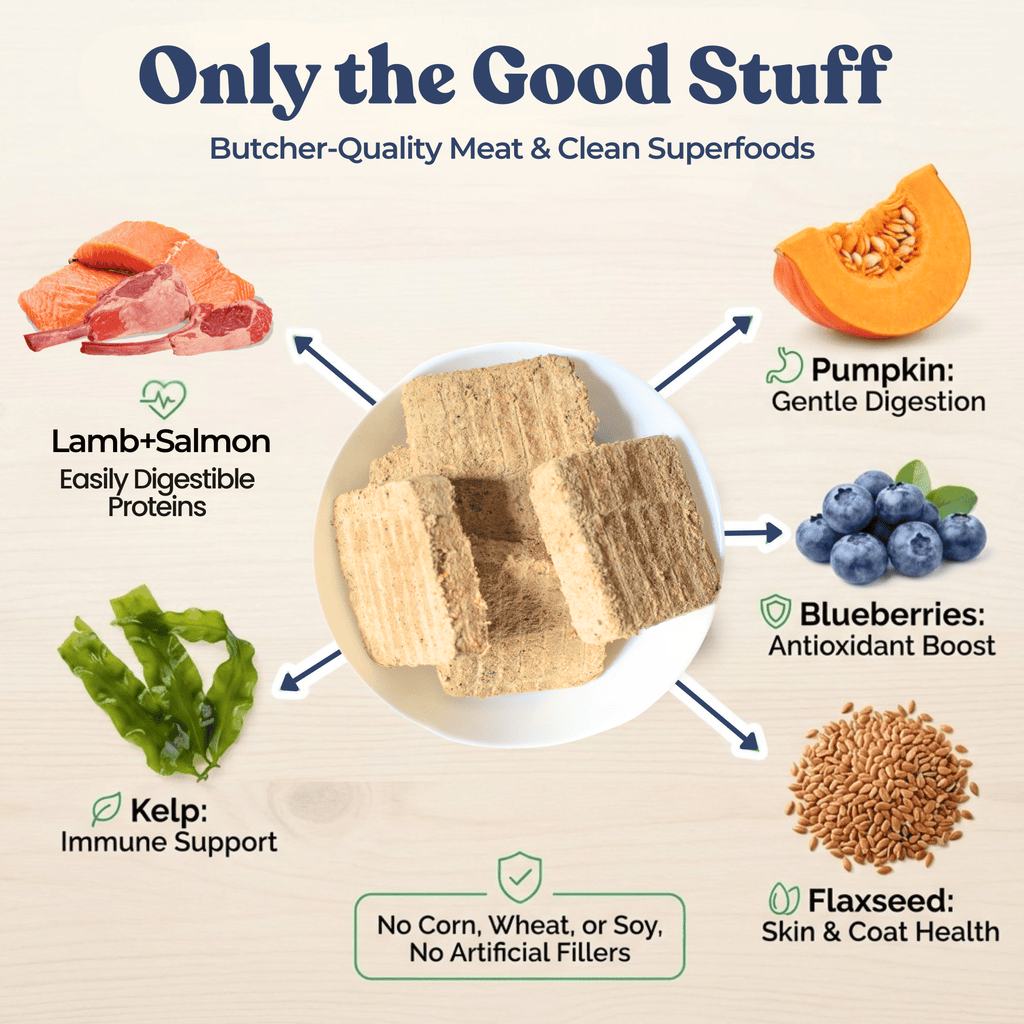Butcher-quality meat and clean superfoods with ingredients and benefits displayed.