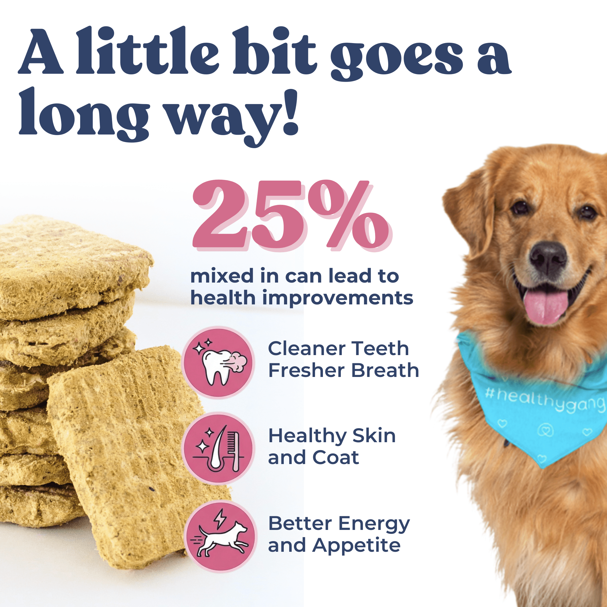 Dog treats with a dog wearing a bandana, text about health benefits, and a stack of treats.
