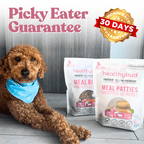 Dog with 'Picky Eater Guarantee' and '30 Days Money Back' text next to dog food packages.