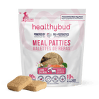 Package of healthybud Meal Patties with two patties in front on a green background