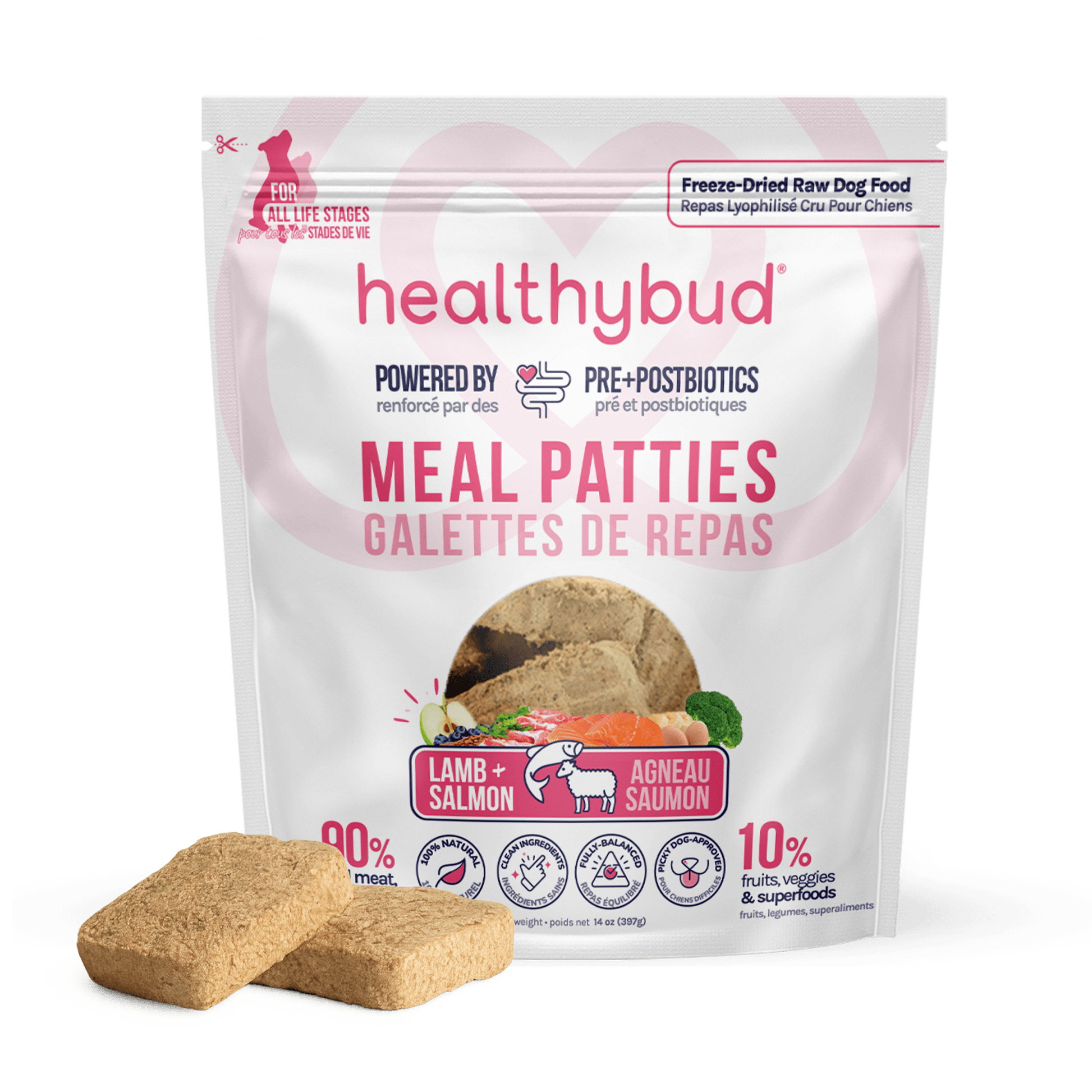 Package of healthybud Meal Patties with two patties in front on a green background