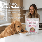 Woman and dog with a bag of healthybud meal patties in a kitchen setting.