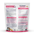 Back view of a pet food packaging with nutritional information and ingredients list.