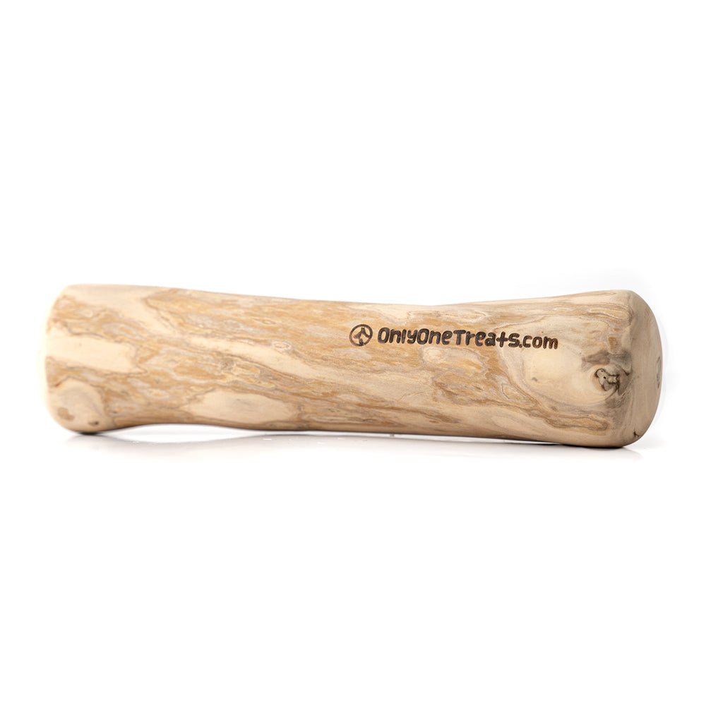 Wooden dog chew toy with 'OnlyOneTreats.com' branding on a white background