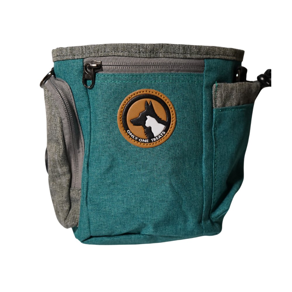 Teal and gray treat bag with a circular logo featuring a dog and text on a white background