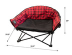 A camping chair with a red and black buffalo plaid fabric interior and a black seat cushion on a black folding frame, shown with dimension arrows and labels indicating 32.5 inches wide, 25.
