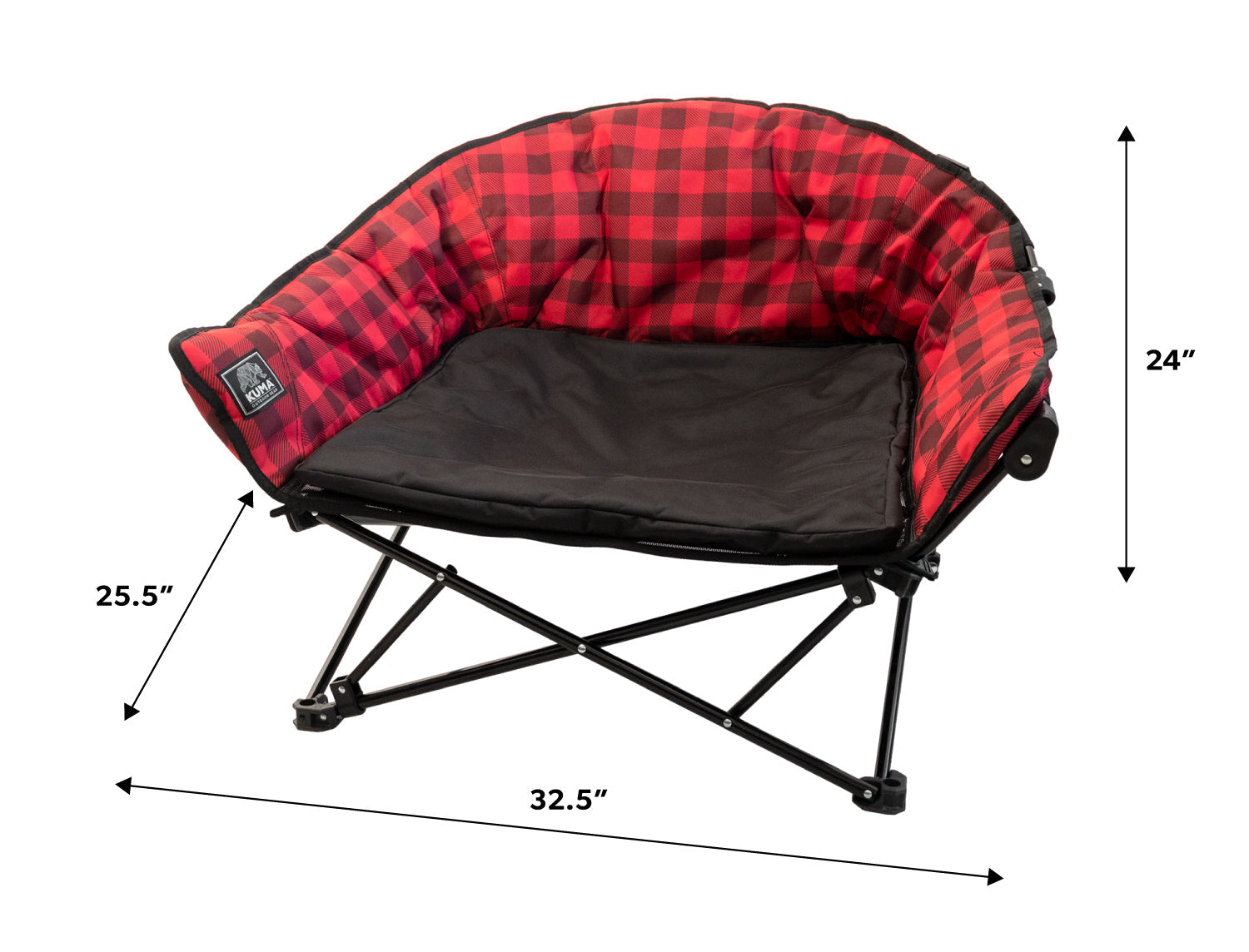 A camping chair with a red and black buffalo plaid fabric interior and a black seat cushion on a black folding frame, shown with dimension arrows and labels indicating 32.5 inches wide, 25.