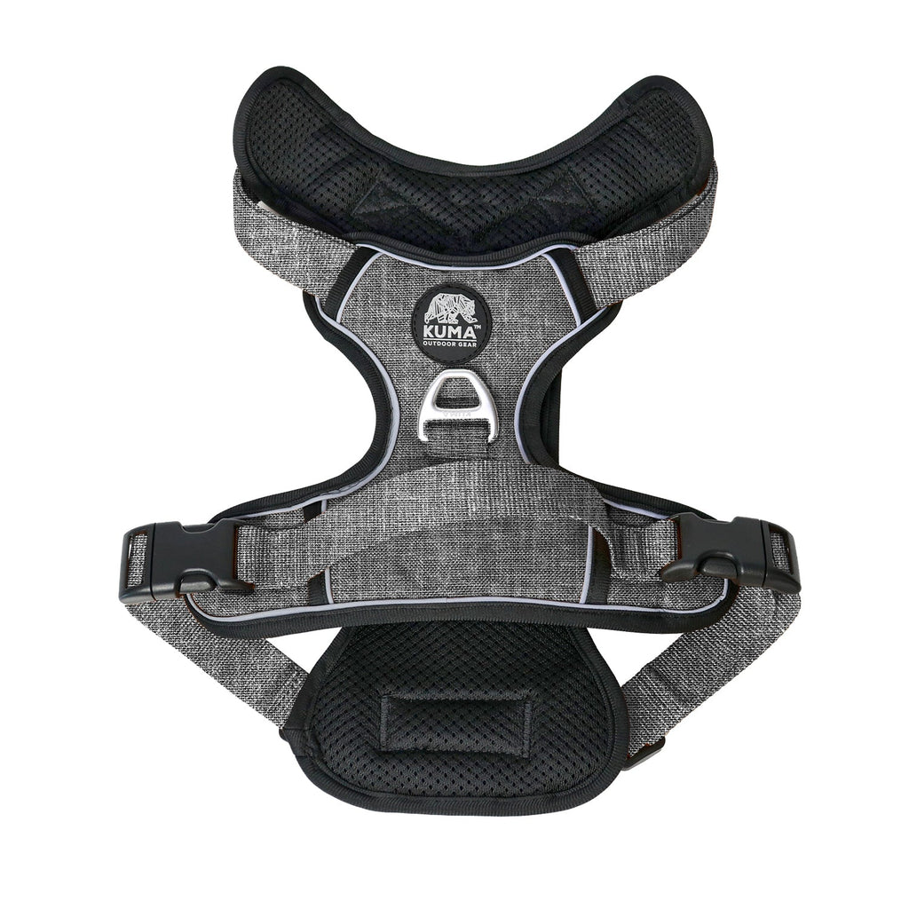 Gray dog harness with black padding on a white background