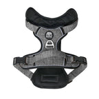 Gray dog harness with black padding on a white background