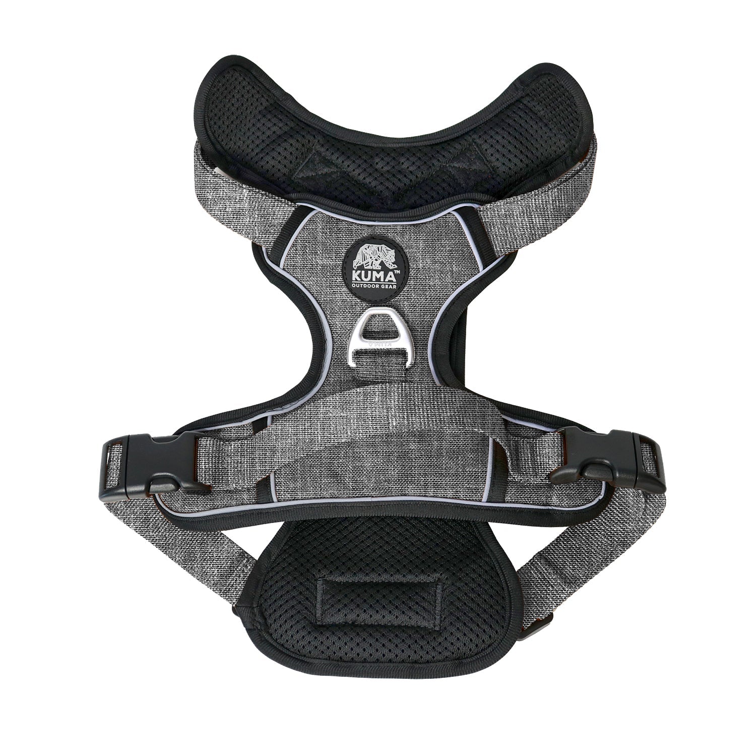 Gray dog harness with black padding on a white background