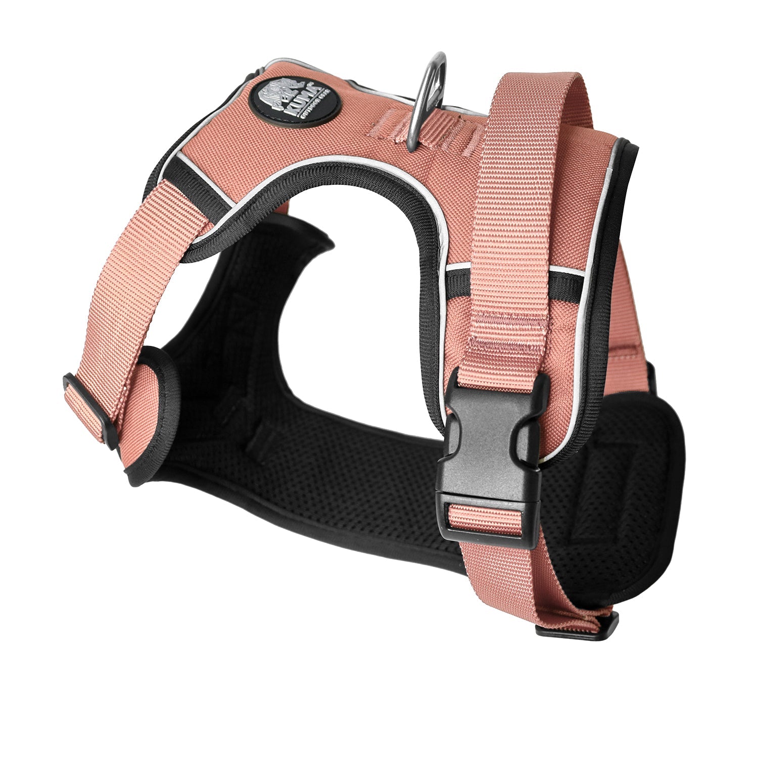 Pink dog harness with black padding on a white background