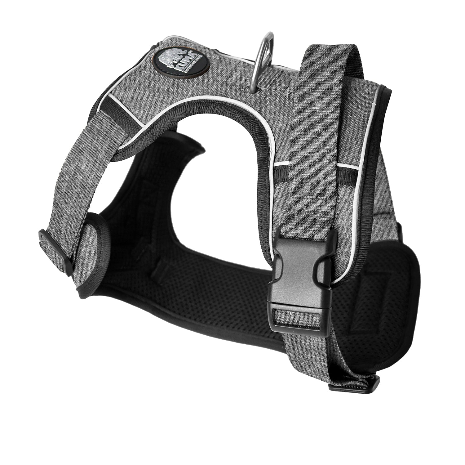 Gray dog harness with black padding on a white background