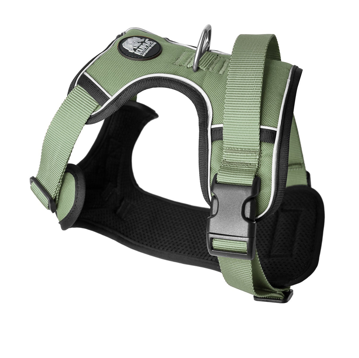 Green dog harness with black padding on a white background