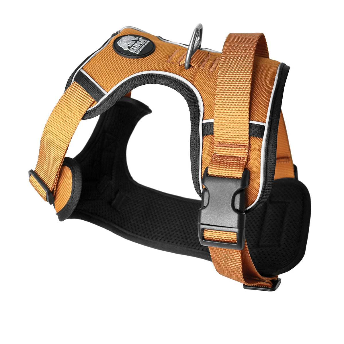 Dog harness with orange and black straps on a white background