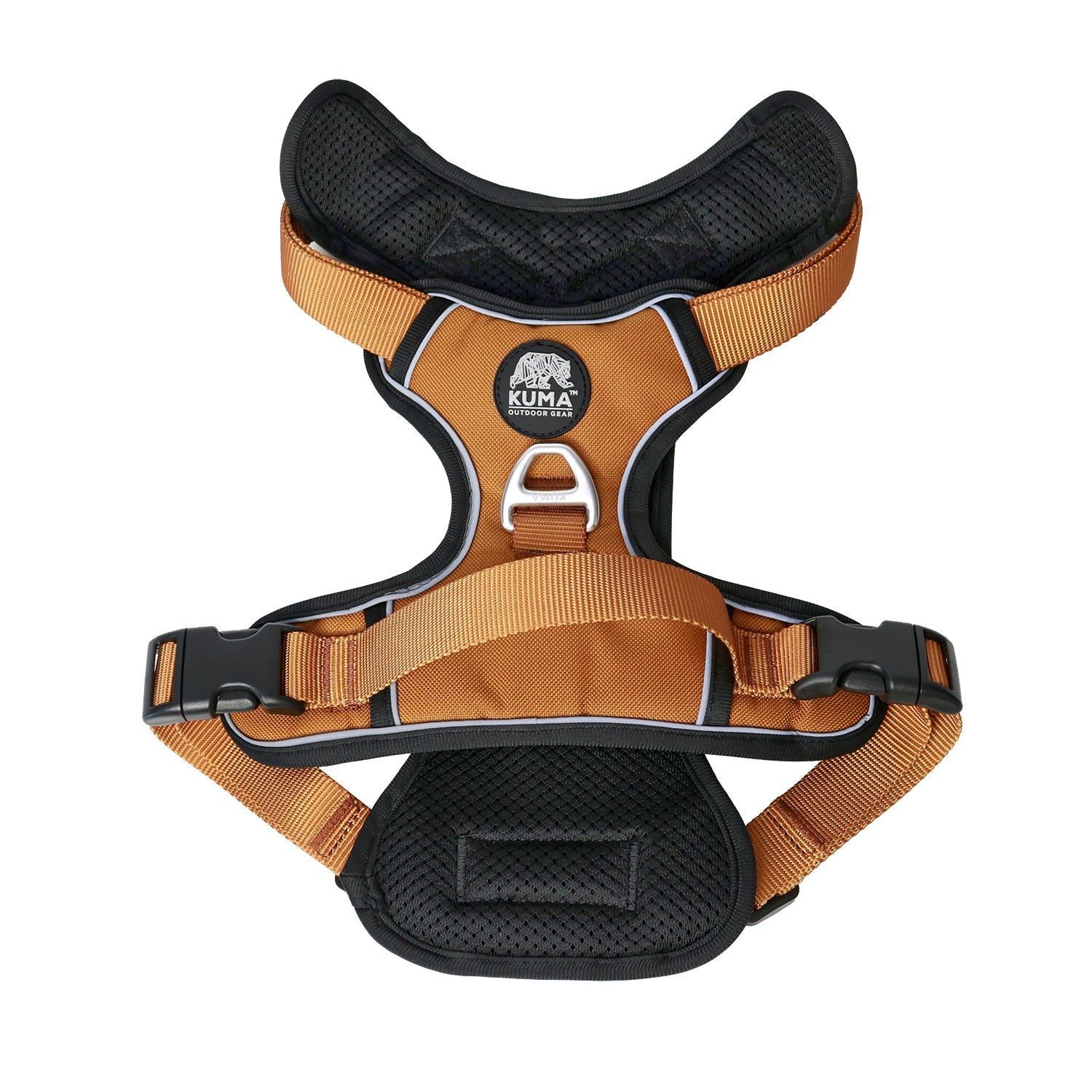 Brown dog harness with black padding on a white background