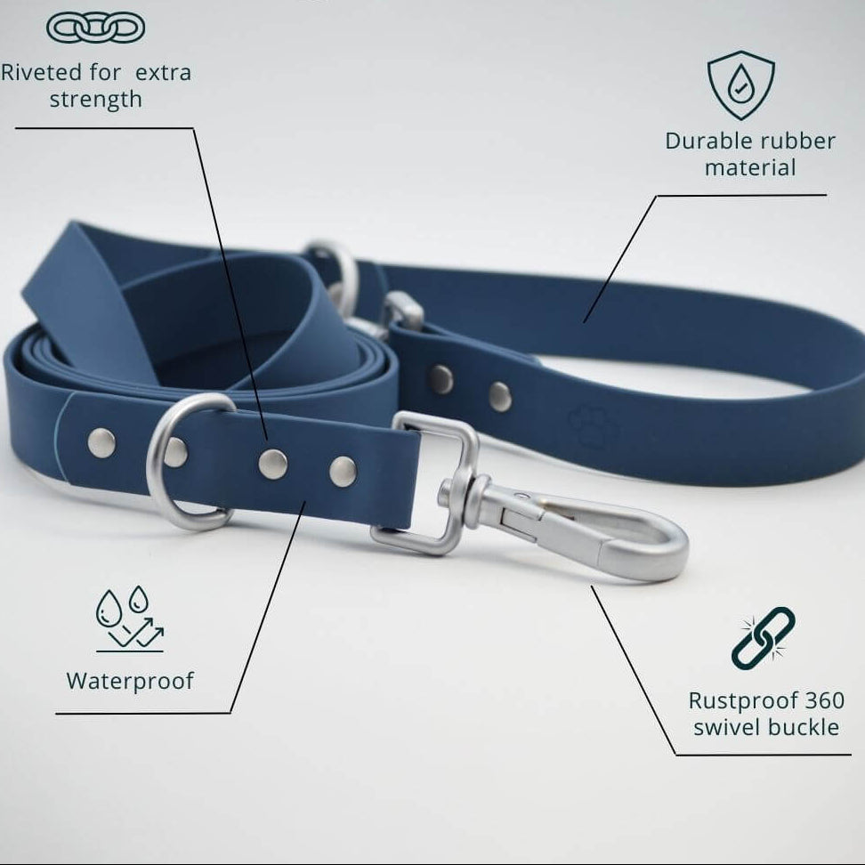 Blue dog leash with features highlighted on a white background, branded 'Tag4MyPet'.