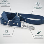 Blue dog leash with features highlighted on a white background, branded 'Tag4MyPet'.