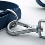 Close-up of a blue dog leash with a silver clasp on a light gray background