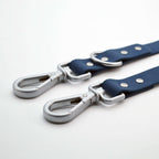 Two blue dog leash with silver hardware on a white background