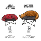 Two dog chairs, 'Little Lazy Bear' and 'Lazy Bear', with specifications on weight capacity and dimensions.