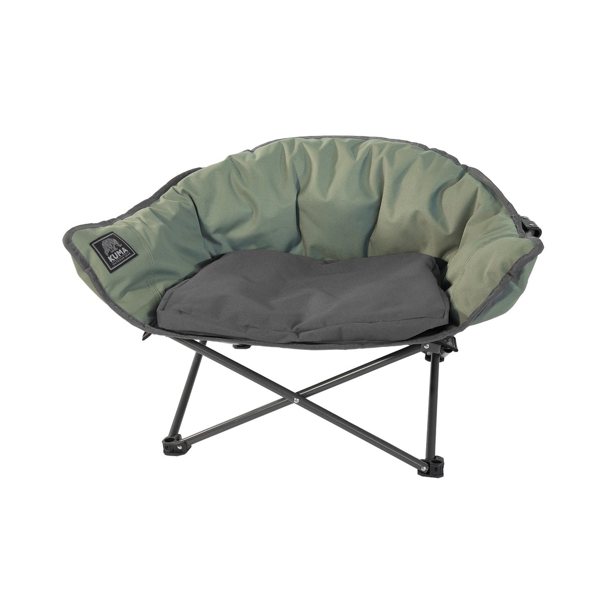 Foldable camping chair with green and gray design on a white background