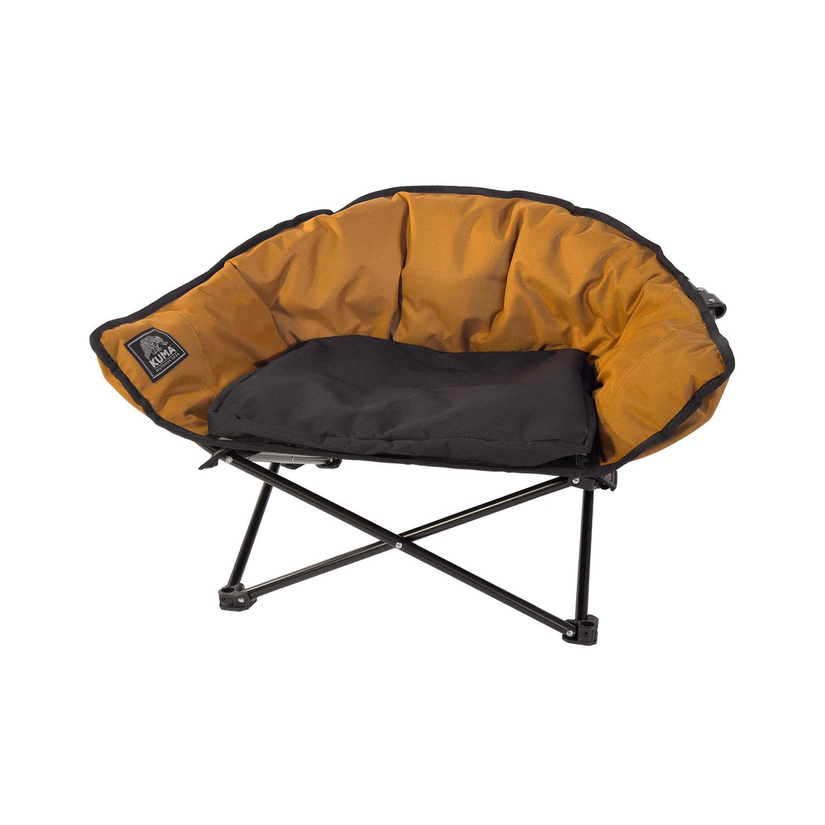 Foldable chair with orange cushion and black frame on a white background